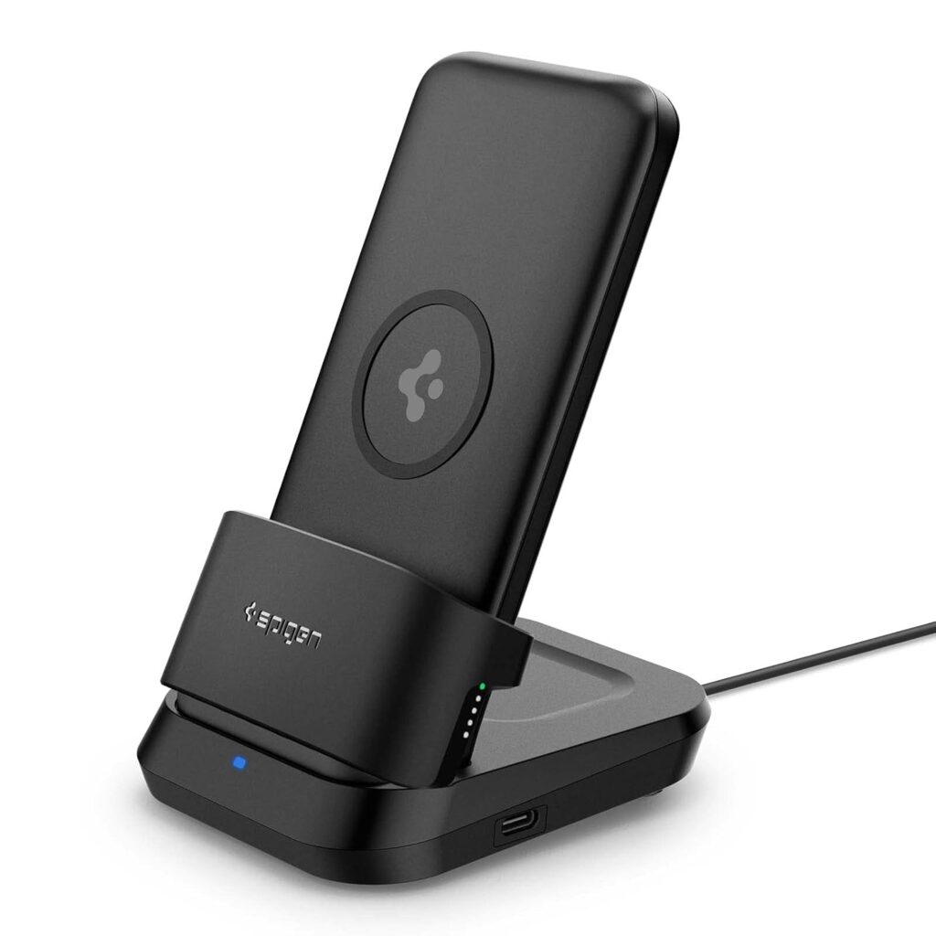 Spigen Power Bank 10000mAh Fast Charging, 5 in 1 Wireless Power Bank, Wireless AirPods Charger, TWS Charger, Lithium Polymer, Cradle USB-C Type, (Uto C Cable Included) - Black