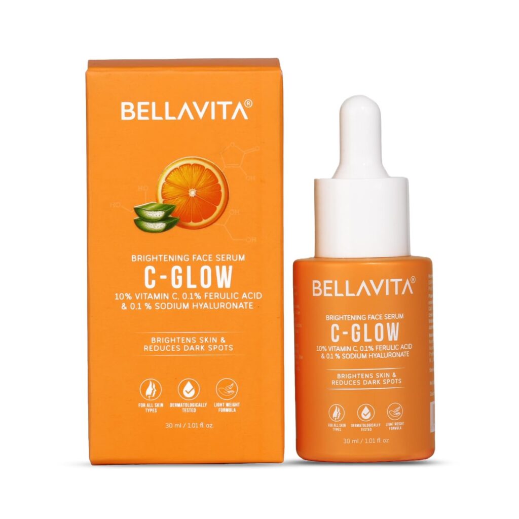 Bellavita C GLOW Face Serum | Vitamin C Serum 10%, 0.1% Ferulic Acid & Hyaluronic Acid | 99% Pure Form of Vitamin C,for Glowing Skin, Reduce Dark Spots Non-Irritating | Non-Sticky | Brightening Vit C Formula For Men and Women |All Skin Types 30 ml