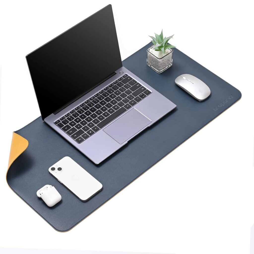 Aropana Vegan Leather Desk Mat | Large Reversible Mouse Pad & Computer Table Protector | Dual-Side Waterproof Extended Laptop Pad with Edge-Stitched Design (27.6 x 13.8 inch, Navy Blue and Yellow)