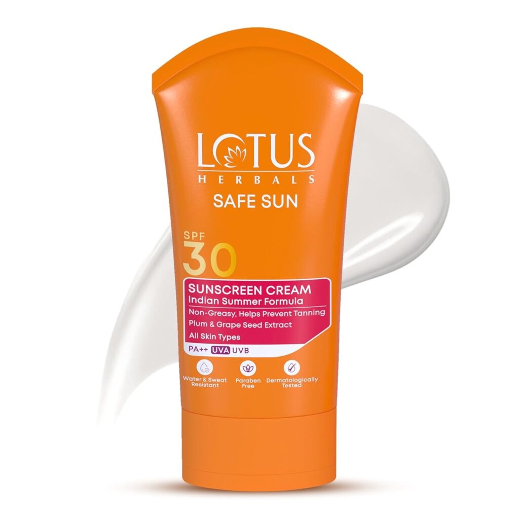 Lotus Herbals Safe Sun Sunscreen Cream - Indian Summer Formula |Black Plum Extract| SPF 30 and PA++ | Non-Greasy | For Oily, Combination, Acne Prone & Normal Skin| Lightweight, Sweat & Water Resistant | For Women & Men | 100g
