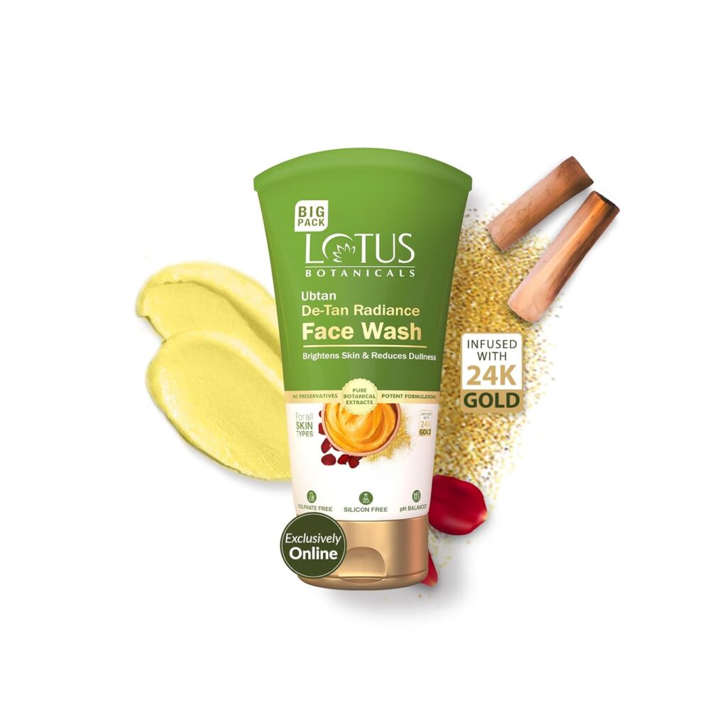 Lotus Botanicals Ubtan De-Tan Radiance Face Wash | Infused with 24K Gold | For Glowing & Rejuvenated Skin, Anti-Tan | No Silicon, No Sulphates, Non-Comedogenic, No Preservatives | 125ml