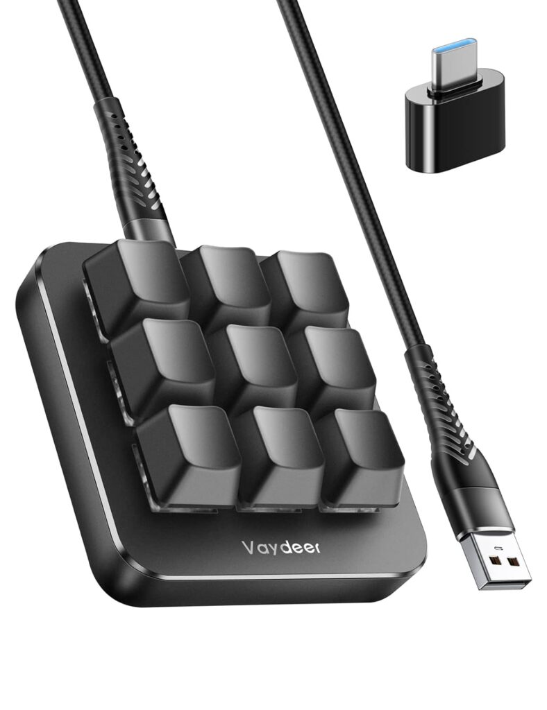 VAYDEER One-Handed Mechanical Keyboard Support NKRO, Hotkeys, One-Click Start,9 Fully Programmable Keys with Floating Window and Macro Multifunctional Keypad for iOS,Windows, Gift Idea for Him/Her