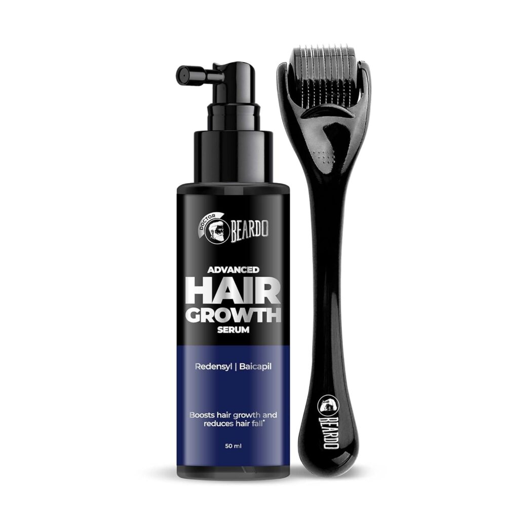 Beardo Advanced Hair Growth Serum 50ml + Dermaroller for Men | Hair Fall Control, Hair Regrowth & Thickening | Scalp & Beard Growth Treatment Kit for Men