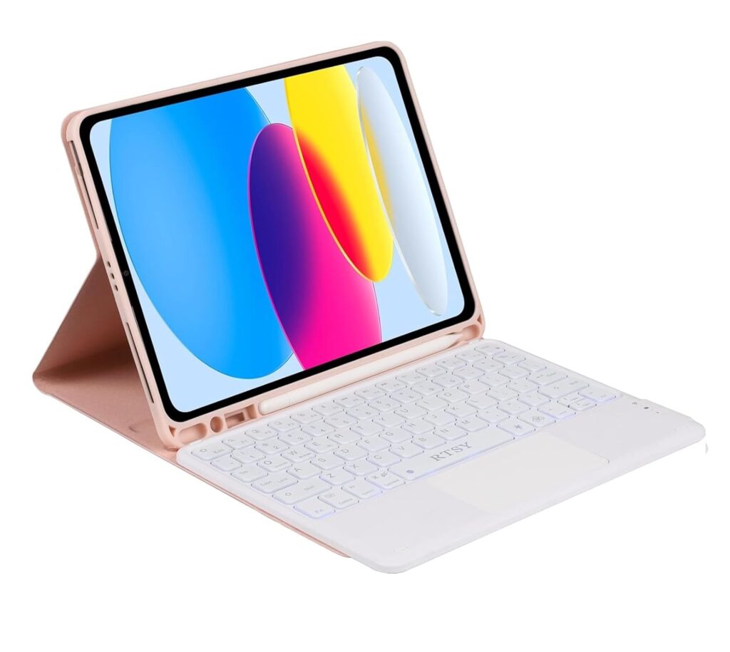 RTSY Keyboard case for iPad 11 (A16, 2025) & 10th Gen with Anti Drop Keys, Gesture Touchpad & 7-Colors Backlit,Multi Viewing Angle,Pencil Slot,Magnetically Detachable Bluetooth Keyboard-Pink/White