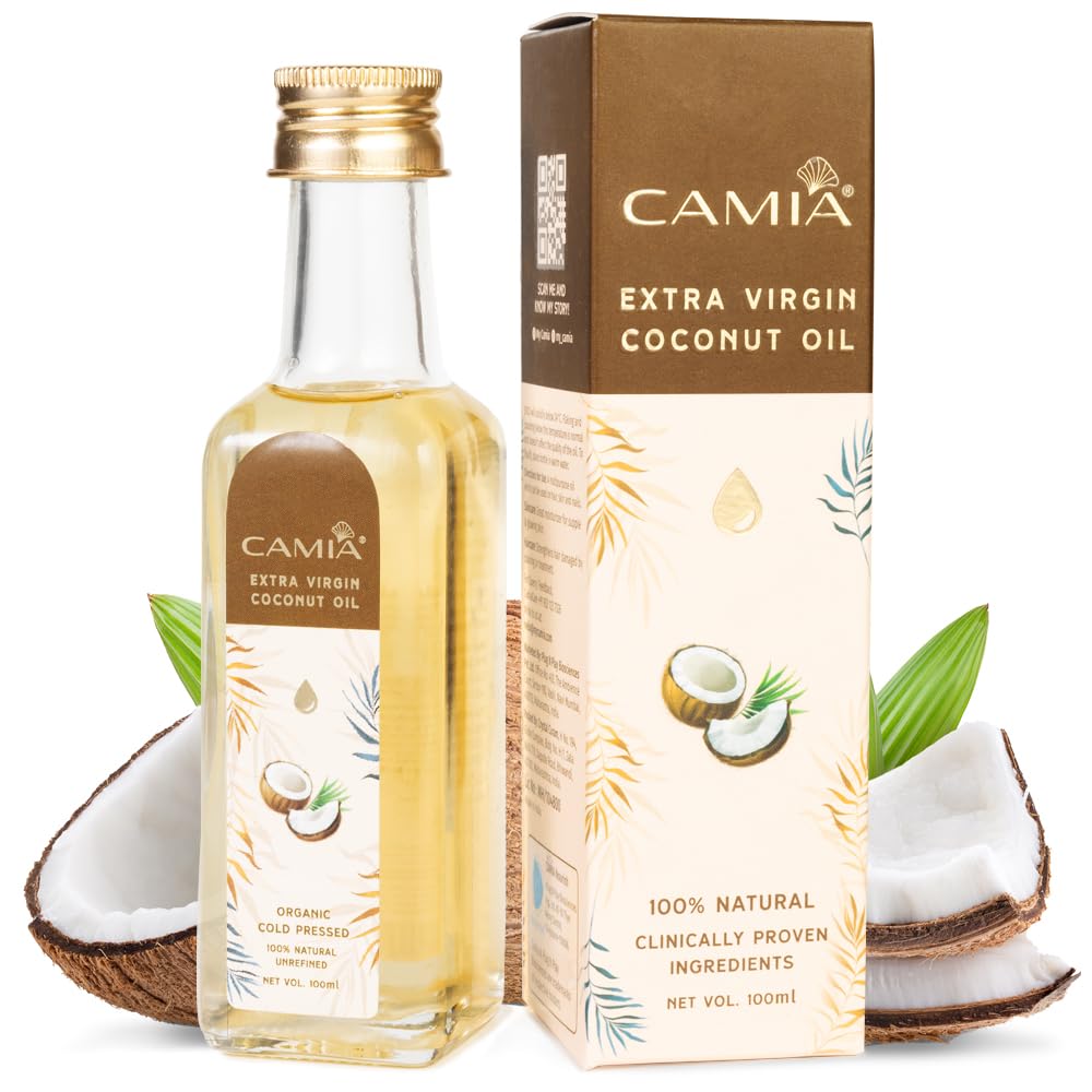 CAMIA - 100% Organic Cold Pressed Coconut Oil for Skin & Hair | 100% Pure & Natural Hair Oil | Skin Hydration & Nourishment | Premium Skin Care | Ideal for Skin & Hair Care | 100 ML Glass Bottle