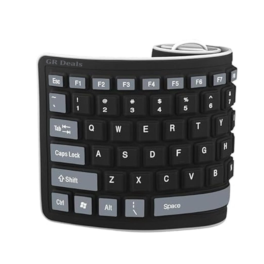 GR Deals Flexible Foldable Silicone Keyboard, USB Wired Waterproof Rollup, Folding Flexible Keyboard Slim Portable Soft Silent Typing for PC/Note-Book/Laptop/Travel & Home. (Black Grey)