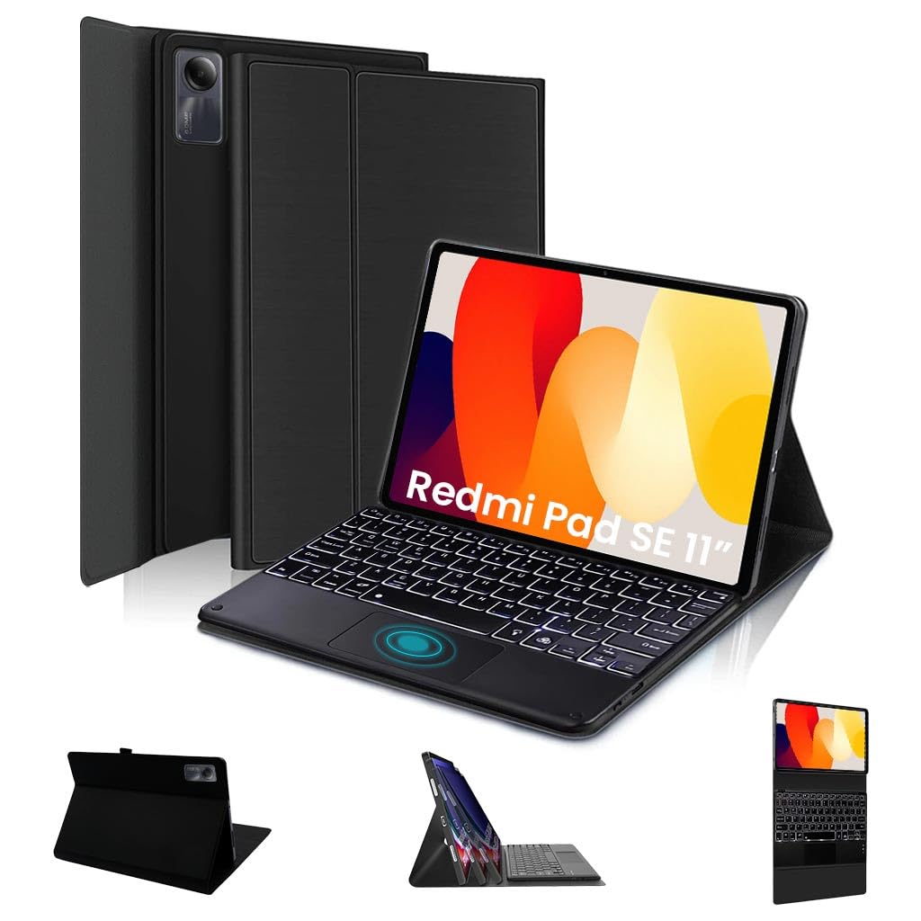 TECPHILE RMSE11 Keyboard Case for Xiaomi Redmi Pad SE 11” 2023 (23073RPBFG) Cover with 7 Color Backlit, Smart Gesture Touchpad, Pen Holder Tri Fold Folio Cover Detachable Keyboard