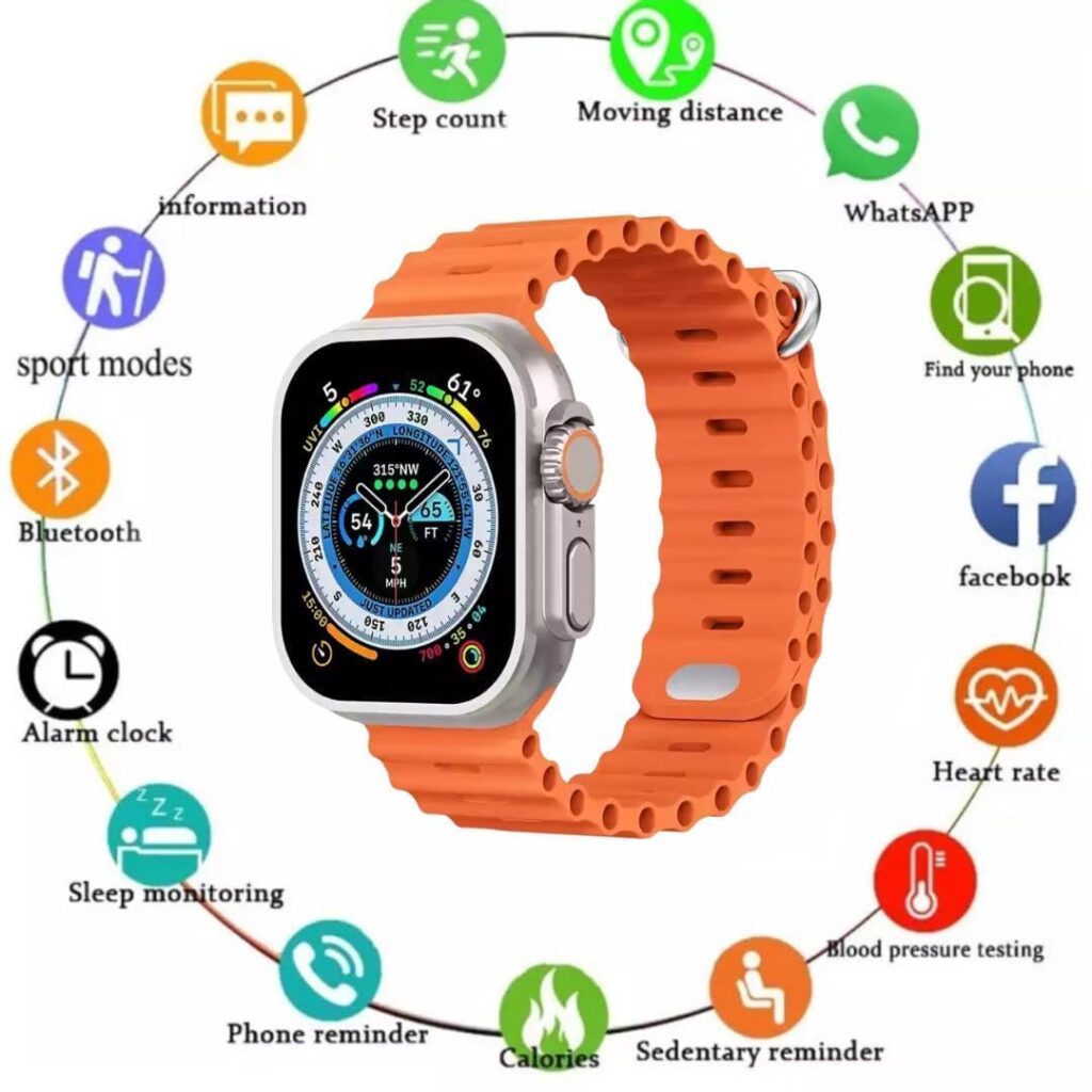 T800 Ultra Smartwatch – Advanced Fitness & Health Tracking Watch with Modern Design, Notifications, Music Control, and Wireless Charging (Orange)