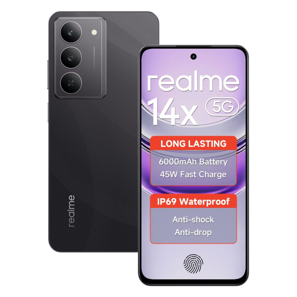 realme 14X Smartphone 5G 128GB ROM 6GB RAM 6.67" HD+ Display 120Hz 45W SuperVOOC Charge IP69 Waterproof 50MP Camera Support Fingerprint GPS WiFi Bluetooth Black
