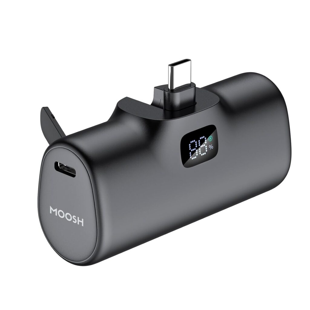 MOOSH Nano Power Bank with Built-in USB-C Connector, 5,000mAh Portable Charger 20W, with Digital Display, Safety Protection for iPhone 16/15 Series, Samsung and More