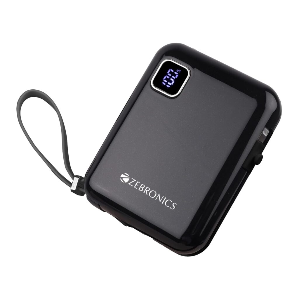ZEBRONICS MW64 Compact Power Bank 10000 mAh | 22.5W Super Fast Charge | Type-C & Lightning Output | Percentage Indicator | Sleek & Stylish | Made in India (Black)
