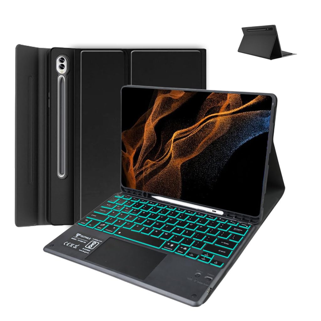 TECPHILE Keyboard Case for Samsung Galaxy Tab S10 Ultra/S9/S8 Ultra 14.6 inch Folio Back Cover with Smart Trackpad, 7 Color Backlit, S Pen Holder, Long Battery, Multi Angle View