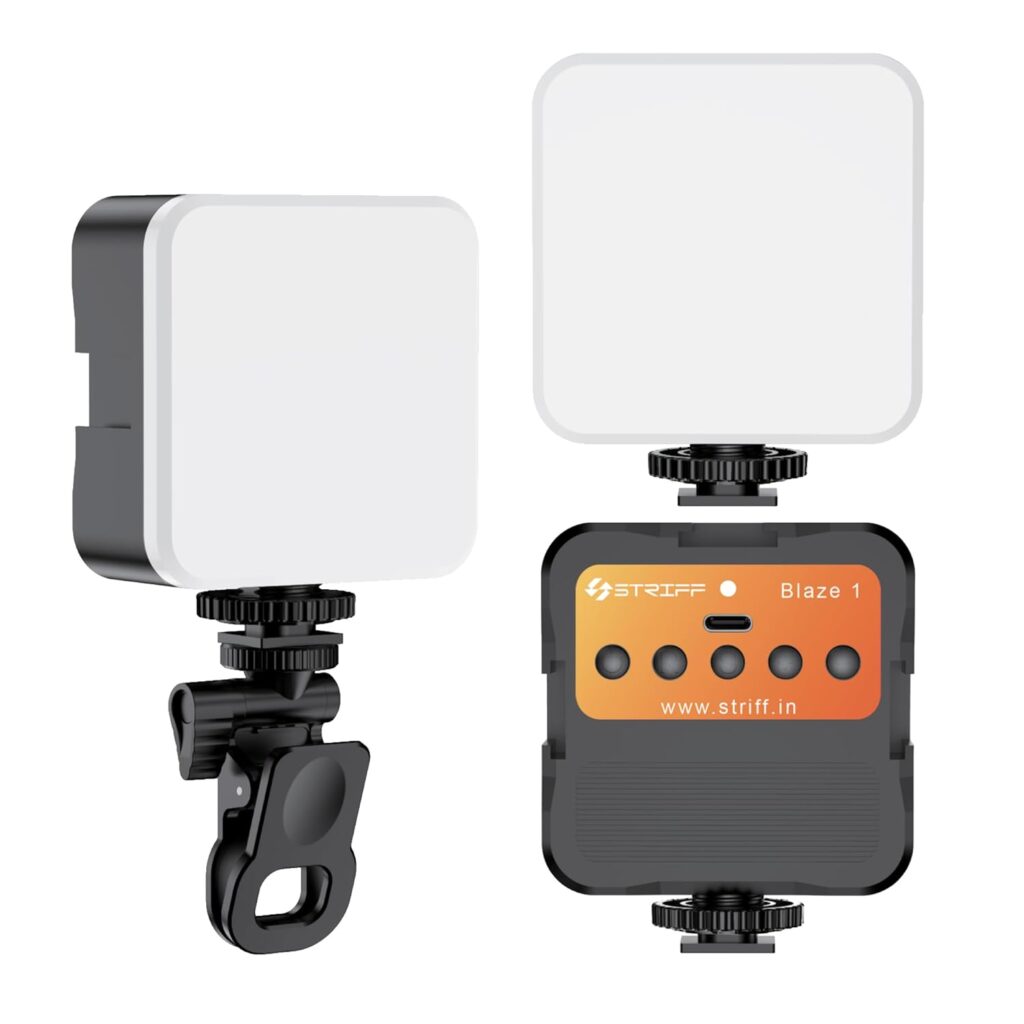 STRIFF Blaze-1 LED Video Light for Phone, Camera, Laptop, Meeting, Photography, and Lighting, with Clip & Type C, Dimmable & Rechargeable for Selfie Stick Tripod, 2000mAh, 4.5W