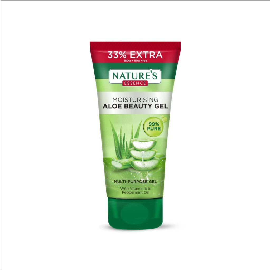 Nature's Essence Moisturising Aloe Beauty Gel with Vitamin E and Peppermint Oil | MultiPurpose Gel | 99% Pure Aloe Vera Extracts | For All Skin Types, 150+50g