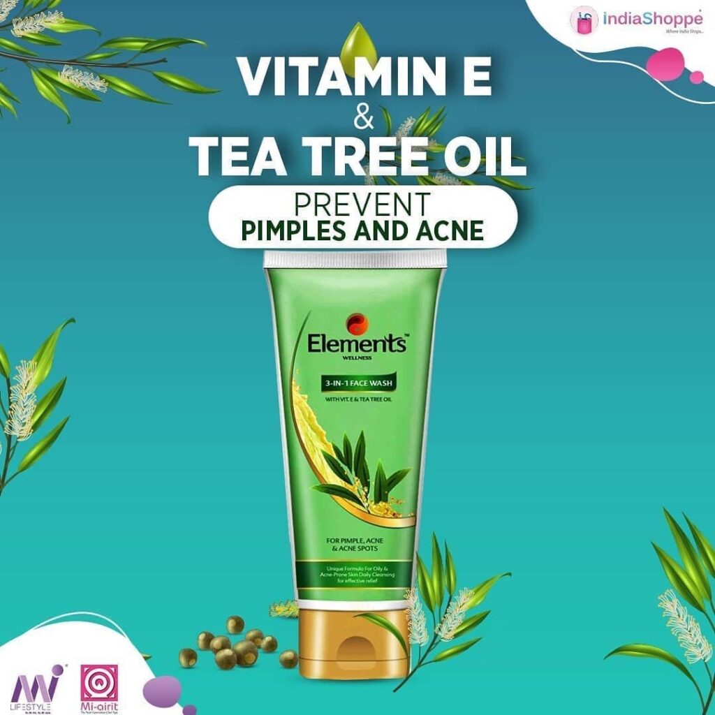 NAGNO Elements 3-in-1 Face Wash with Vitamin E and Tea Tree Oil for Acne-Prone Skin, 60g, pack of 2