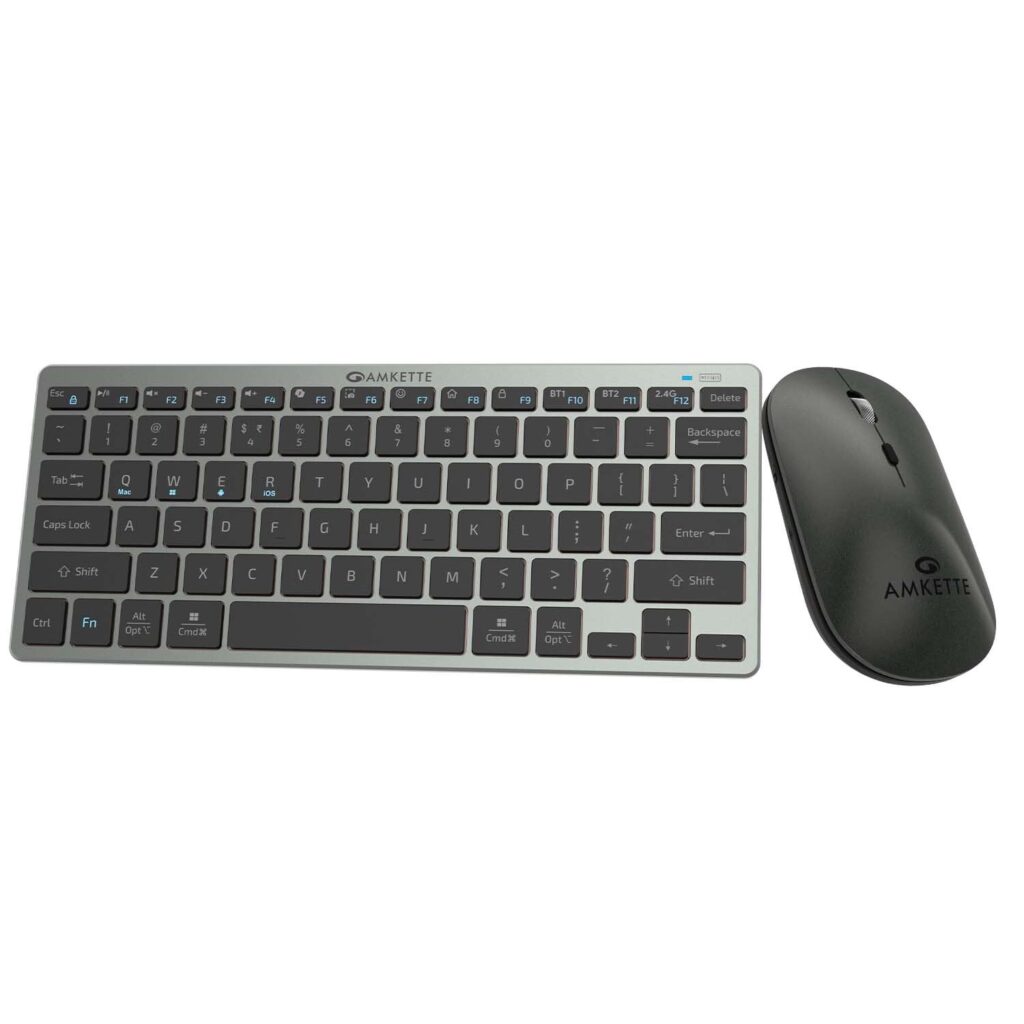 Amkette Wi-Key Mini 2 Multi Device(3in1) Wireless Keyboard and Mouse Combo | One Click Device Switching and AI Access for MacOS, Windows, Android & iOS | Scissor Keys, Dual OS Layout | 3200 DPI (Grey)