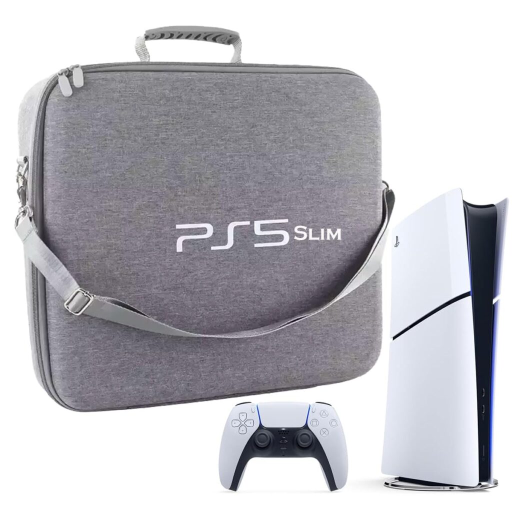 PSS Travel Bag for PS5 Slim Console and 2 Controller, Cary Cash for PS5 Slim Compatible, Waterproof EVA Hard Protective Bag with Handle Strap for PS5 Slim Accessories Only Bag (Grey)