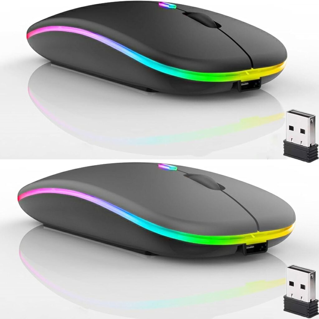 2 Pack Wireless Bluetooth Mouse,LED Dual Mode Rechargeable Silent Slim Laptop Mouse,Portable(BT5.2+USB Receiver) Dual Mode Computer Mice,for Laptop,Desktop Computer,Tablet,Phone,TV (Black+Grey)
