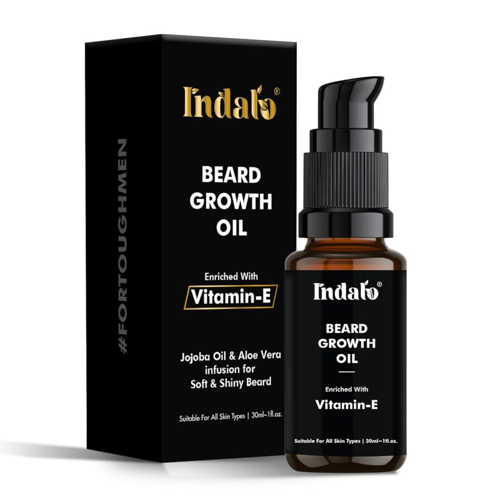 Indalo Beard Growth Oil- 30 ml | Enriched with Vitamin E, Jojoba Oil & Aloe Vera Oil For Growing Beard Faster | Nourishes & Strengthens your Beard | No Harmful Chemicals