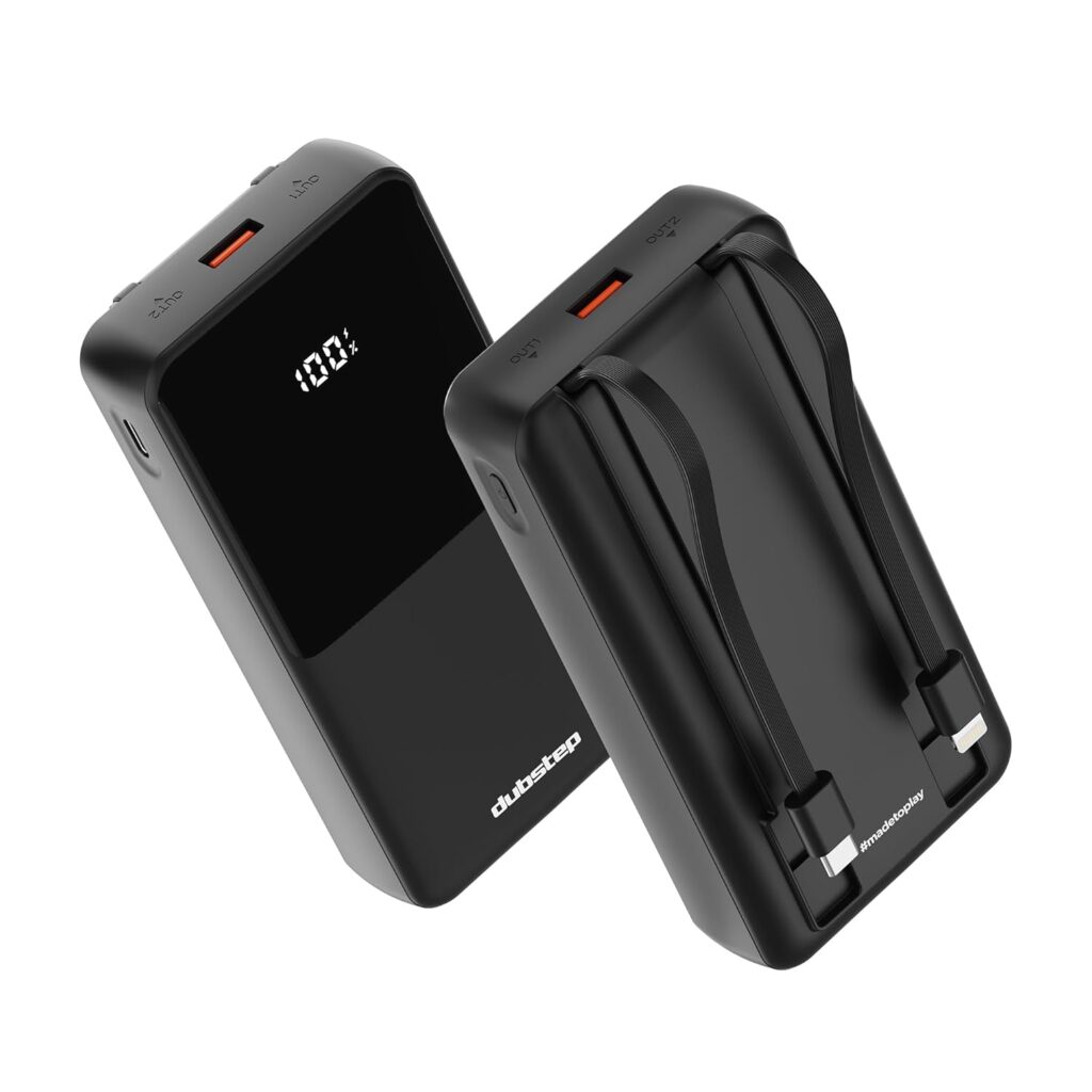 Dubstep Powerblitz X5 20000mAh 22.5W Super Fast Charging, USB Type-C Input Power Bank with Fast Charging & 22.5W Power Delivery, Built-in Charging Cables, 4 Outputs, Type-C Input/Output Port (Black)