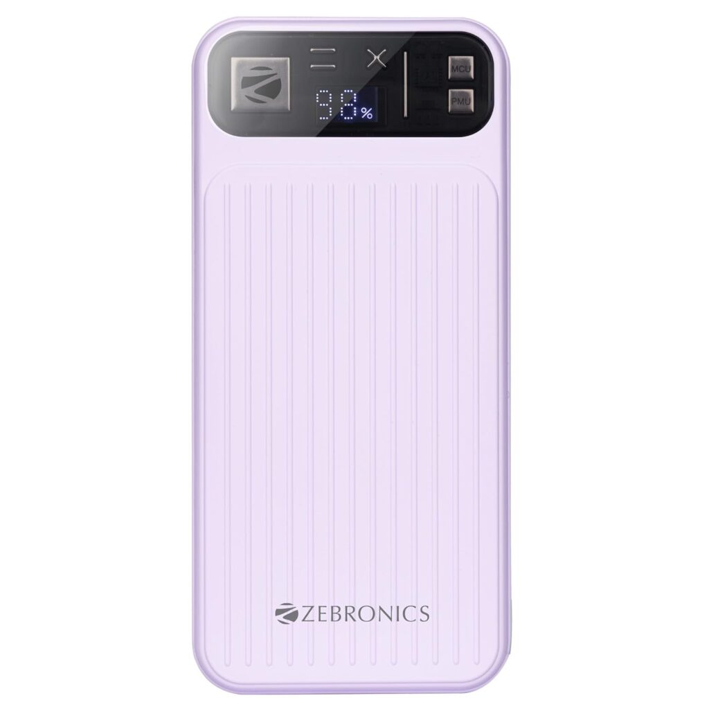 ZEBRONICS MB10000S13 Power Bank 10000 mAh | 22.5W Fast Charge | Dual USB Output & PD 3.0 Type-C | Smart Protection | Percentage Indicator | Compact & Stylish Design | Made in India (Lavender)