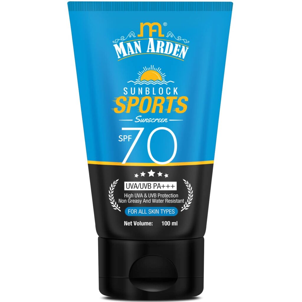 Man Arden Sun Block Sports Sunscreen SPF 70, For All Skin Types, UVA/UVB PA+++, High UVA & UVB Protection Non Greasy And Water Resistant, 100 ml