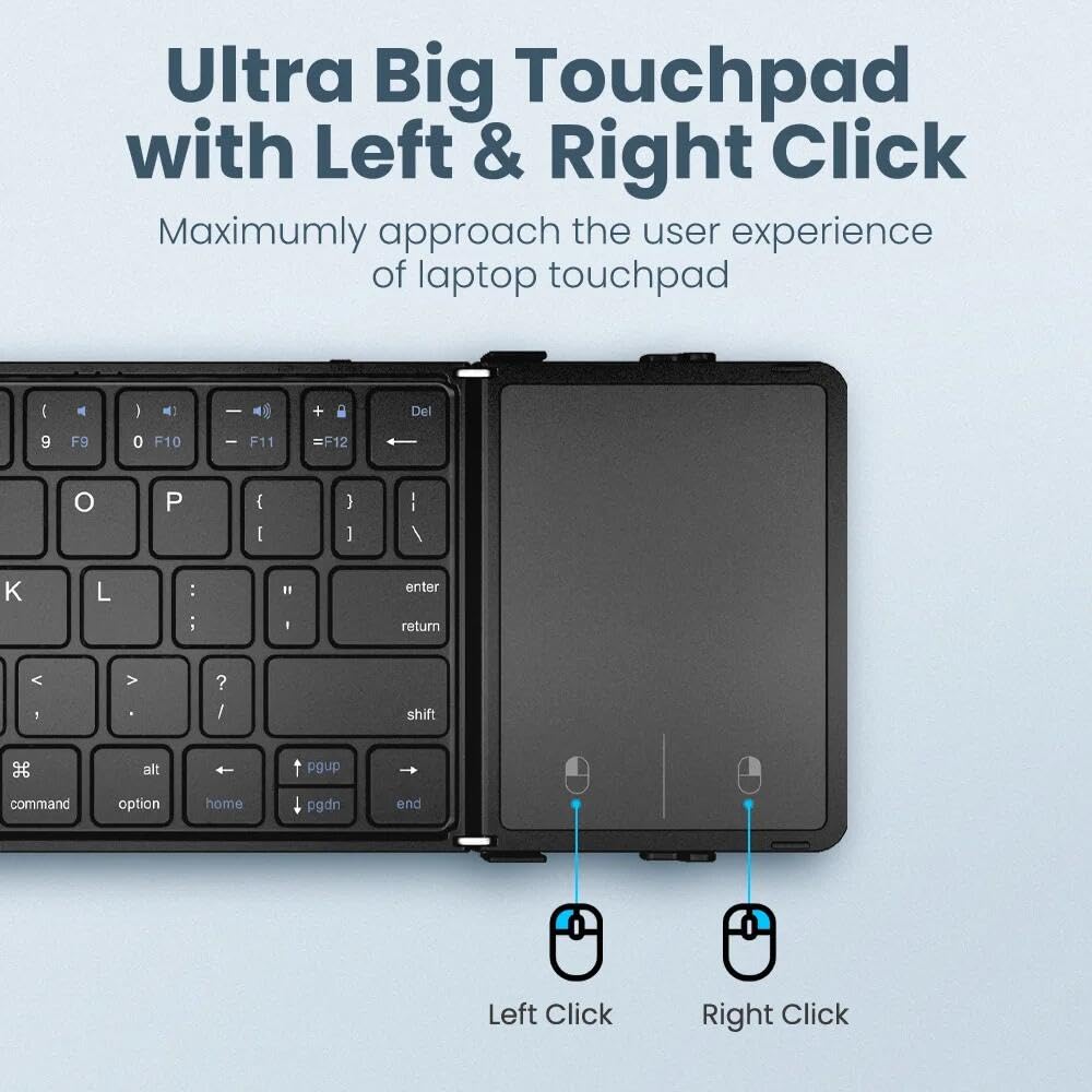 JOMAA Foldable Bluetooth Keyboard with Touchpad Portable, Full-Size Travel Keyboard with PU Leather, Support 3 Devices for iOS Android Windows Mac OS (with touchpad)