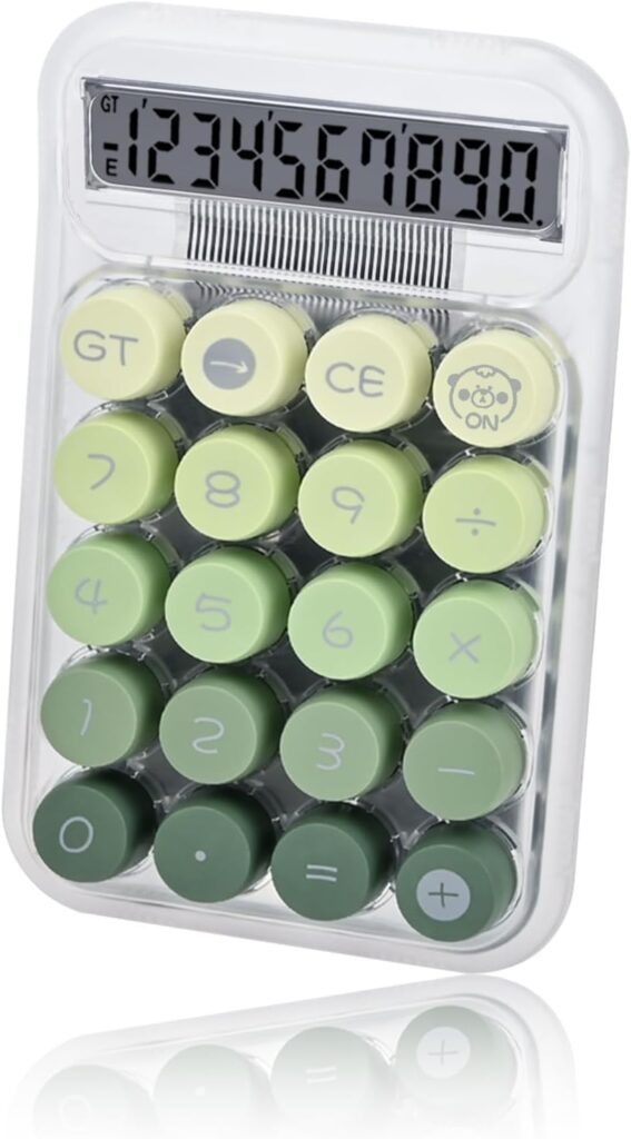 Amazon Brand - Umi Transparent Desk Calculator with Pastel Mechanical Buttons with 10 Digit Display, Anti-Slip Base Handheld Ergonomic Keyboard Basic Calculator for Home and Office Use (Green), White