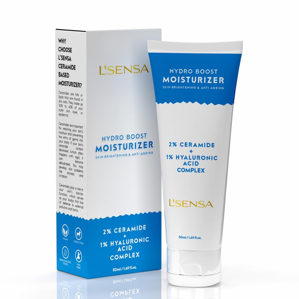 L’SENSA Moisturizer for Face | Moisturiser for Oily and Dry Skin | Advanced Formulation 2% Ceramide & 1% Hyaluronic Acid - Get Flawless & Glowing Skin | Lightweight Cream For Women & Men | Non Sticky | Fragrance Free | 50 G