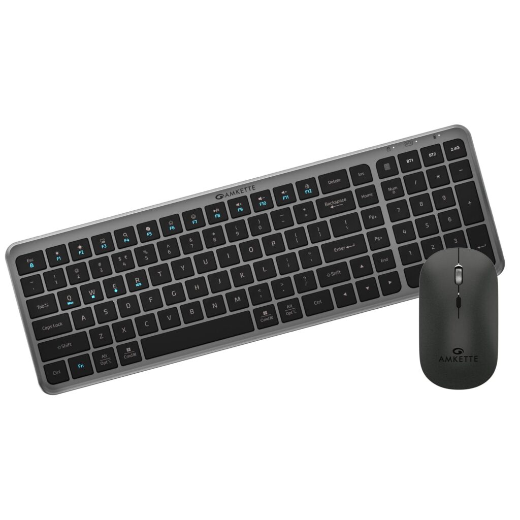 Amkette Wi-Key Max Multi Device (3 in 1) Rechargeable Wireless Keyboard Mouse Combo | One Click Device Switching and AI Access for iOS, Windows, Android| Scissor Keys, Dual OS Layout | 3200 DPI