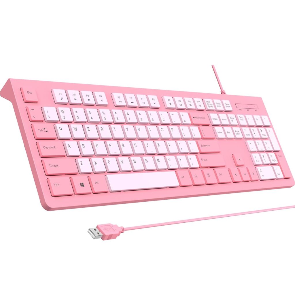 Computer Keyboard Wired, Plug Play USB Keyboard, Low Profile Chiclet Keys, Large Number Pad, Caps Indicators, Foldable Stands, Spill-Resistant, Anti-Wear Letters for Windows PC Laptop, Rose Pink