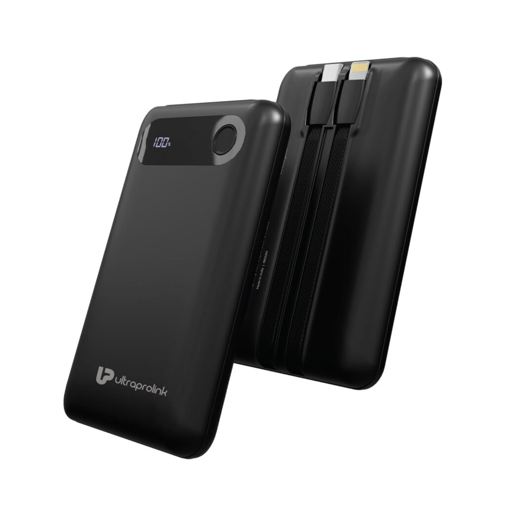 UltraProlink Power Bank 10000mah Fast Charging|16.8mm Slim|22.5W QC-PD-PPS Fast Charging Battery Bank|with USB-C & iPhone Cable|Digital Display|Power Bank for Tablets & Smartphones| Black |UM1127