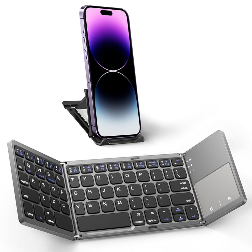 KUNSI Foldable Bluetooth Keyboard with Touchpad, Portable Wireless Keyboard with USB-C Rechargeable, Pocket Size Slim Folding with Phone Holder for iPads Tablets Laptop-Dark Gray