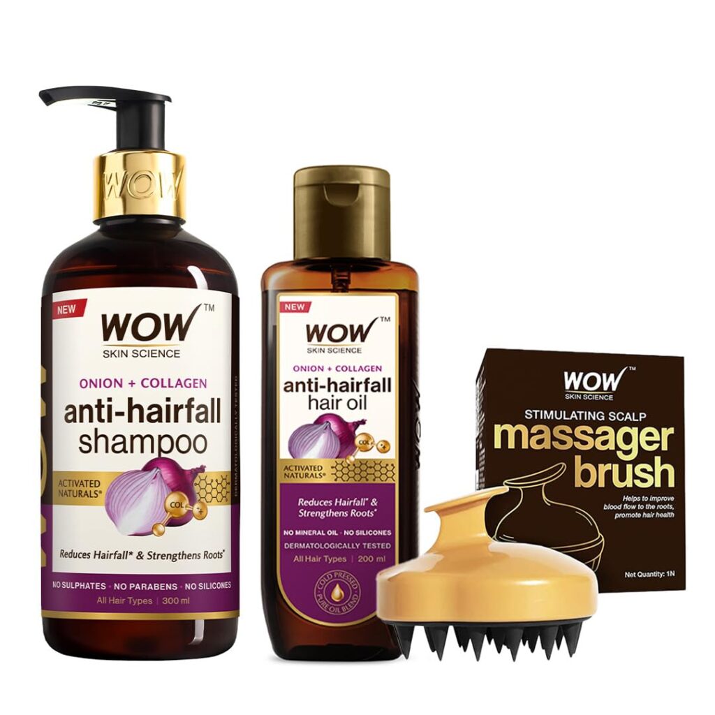 WOW Skin Science Onion Hair Oil With Black Seed Oil Extracts + Onion Oil Shampoo + Stimulating Scalp Shampoo Brush for Natural Care & Growth Kit - Net Vol 500mL