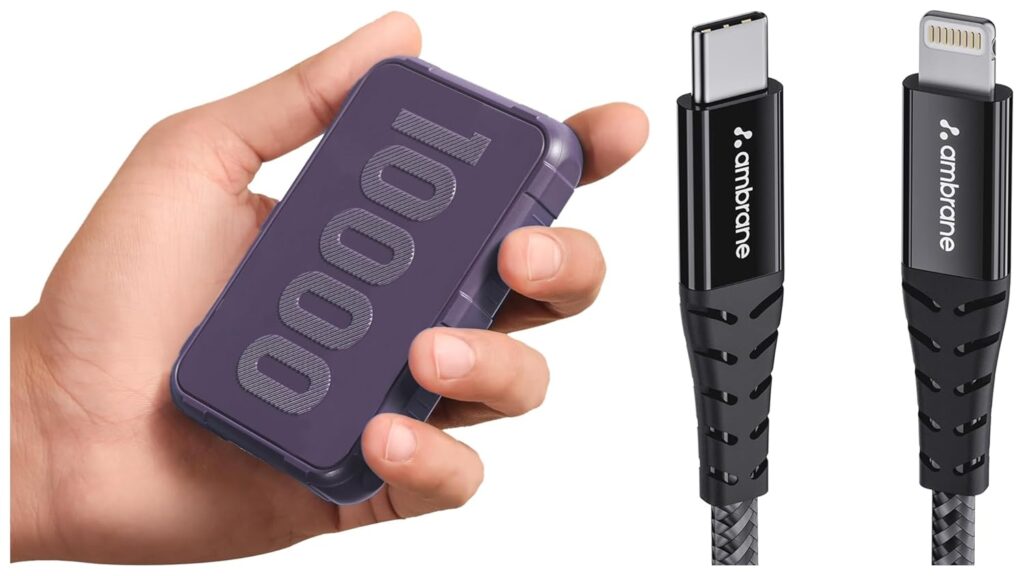 Ambrane 10000mAh Rugged, Slim & Compact Powerbank, 22.5W Fast Charging with Lightning Cable