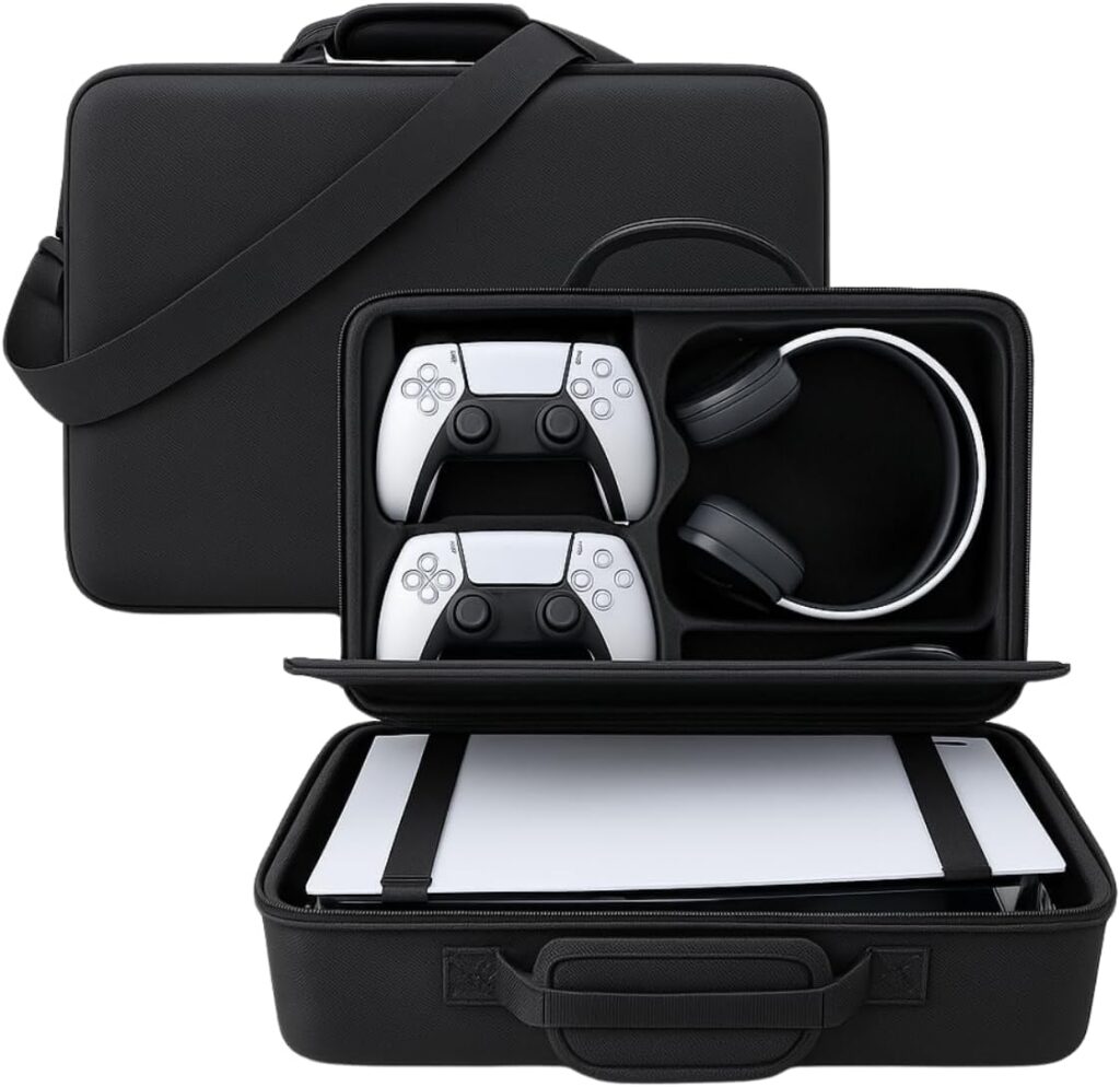 PSS PS5 Travel Bag Briefcase Hard Shell Carrying Case for PS5 Console Protective Storage Bag Shockproof Compatible with PS5 Console/ Controller, Headset, Charging Dock, Games Accessories - Black