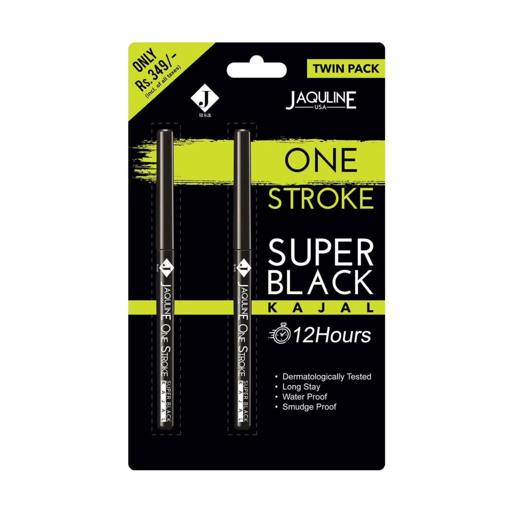 JAQULINE USA One Stroke Kajal | Waterproof & Smudge-Proof | 12Hr Long Stay | Darkest Black | Lightweight | One Stroke Application | Easy Twist Format | Black - 30g - Pack of 2