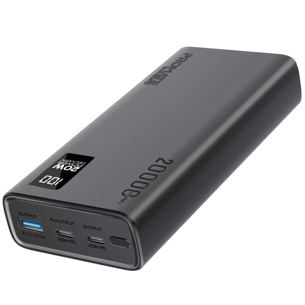 Promate Power Bank 20000mAh | Ultra-Slim Portable Charger, 20W Type-C Input/Output Port, 22.5 QC 3.0, LCD & Over-Heating Protection, Fast Charging for iPhone, Android, Bolt-20PD - 2 Years Warranty