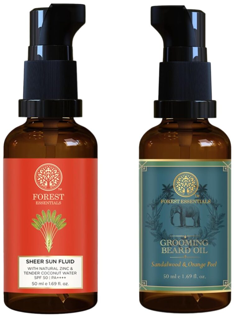 Forest Essentials Beard Oil with Neem | Light, Non-Sticky, Natural Beard Growth Oil & Forest Essentials SPF 50PA++ Sun Fluid | With Zinc, Hyaluronic Acid, Vitamin C |For All Skin Types