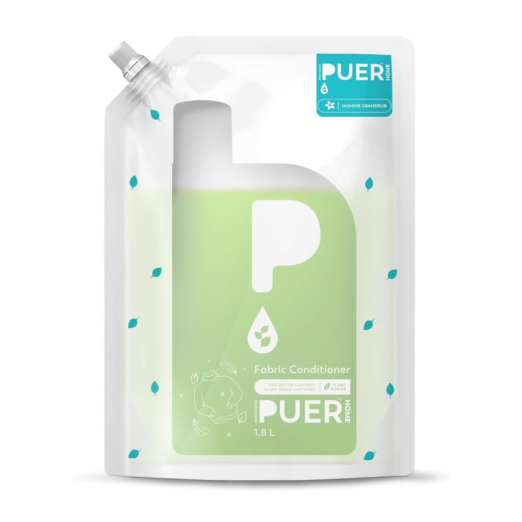 PUER Fabric Conditioner Jasmine Grandeur 1800ml Refill Pouch for Front & Top Load Washing Machine | Plant Based & Eco Friendly | Lint Free Softness with Long Lasting Fragrance