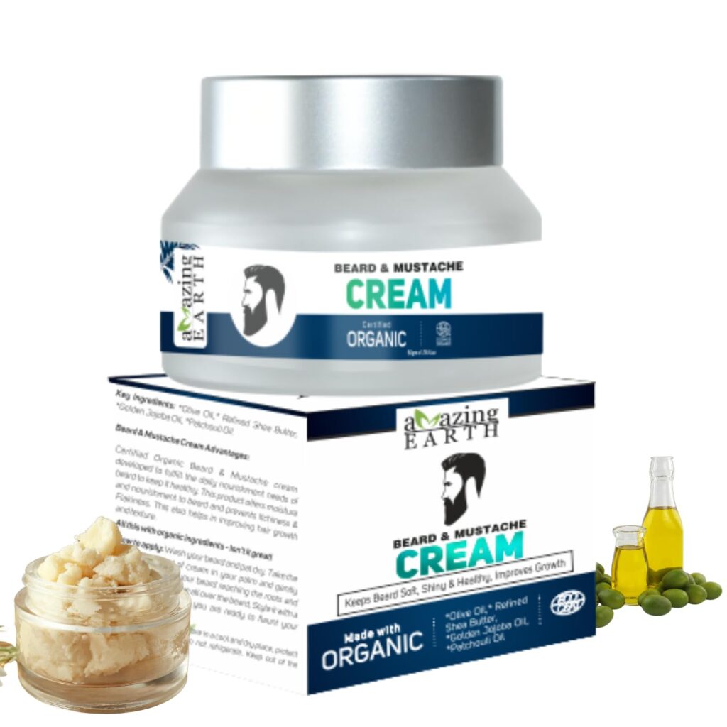 AMAzing EARTH Certified Organic Beard Mustache Cream for Men - 100% Natural, Shea Butter, Olive, Patchouli & Godel Jojoba Oil, Beard Hair Growth, Sulphates & Parabens Free and Cruelty Free, 50gm