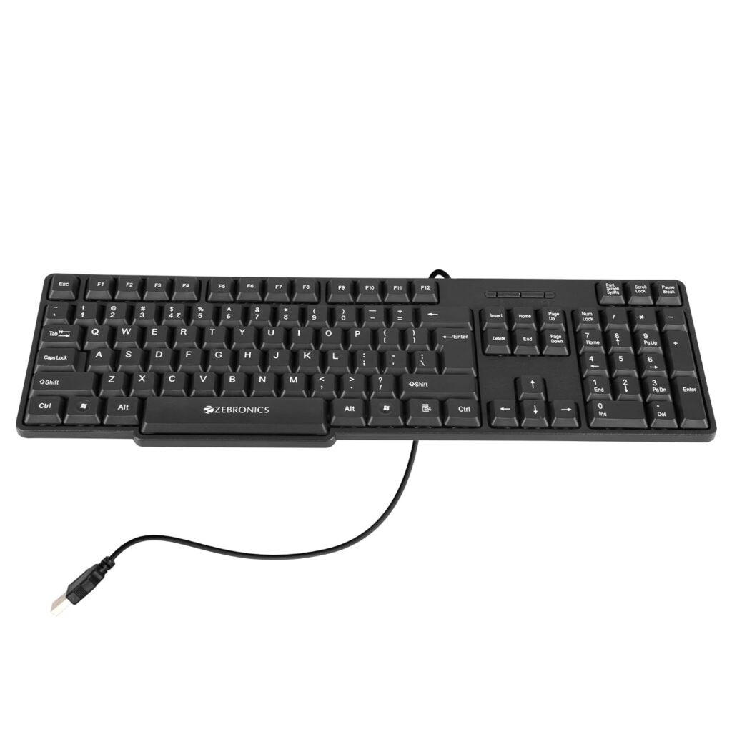 Zebronics Wired Keyboard with 104 Keys, 1.2m Cable, ₹ Key, USB Interface, UV-Coated Keys, Retractable Stand, USB Nano Receiver, for PC, Laptop(K65, Black)