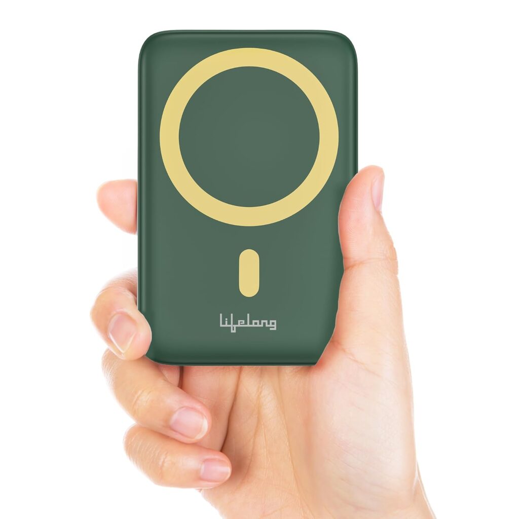 Lifelong Electronics 10000mAh Magsafe Wireless Fast Charging Power Bank for iPhone & All Wireless Enabled Phones | QC 3.0 Powerbank (22.5W) & Wireless (15W) | Extra Magnetic Ring (Green)