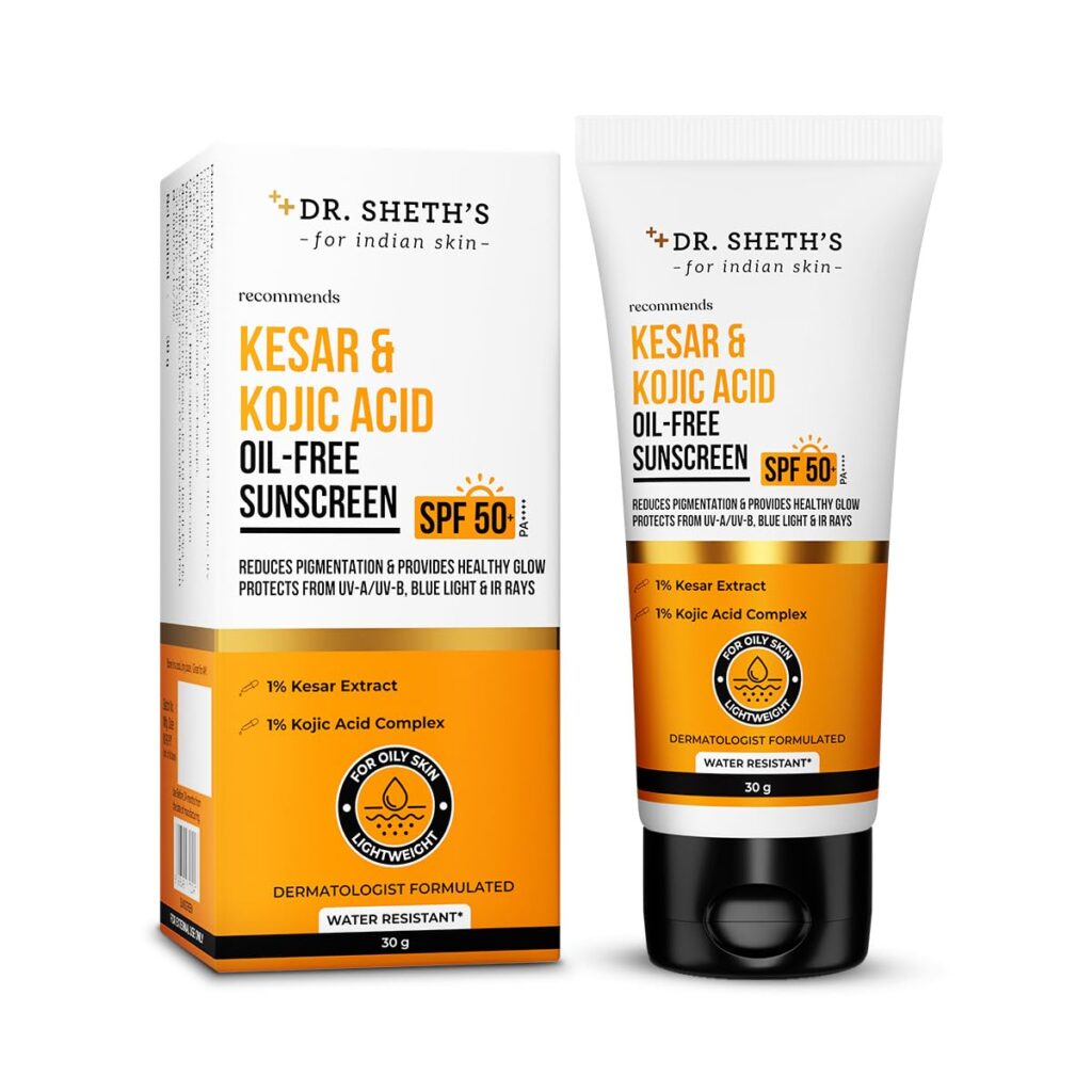 Dr. Sheth's Kesar & Kojic Acid Oil-Free Sunscreen SPF 50+ Pa++++ |In-Vivo Tested | For Pigmentation-Free Skin | Lightweight & Non Greasy | For UVA/UVB & Blue Light & IR Protection | No White Cast | For Oily Skin | For Men & Women | 30 g