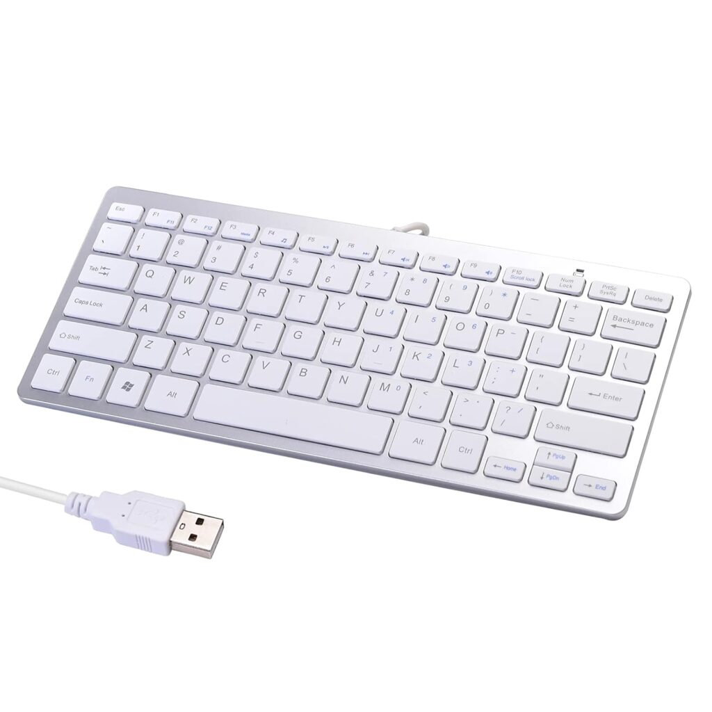 2021 Upgraded Powboro PC Computer Laptop Mini USB Wired Keyboard for Mac and Windows 78 Scissor Keys Small Super Thin Compact Multimedia Keyboard (Silver)