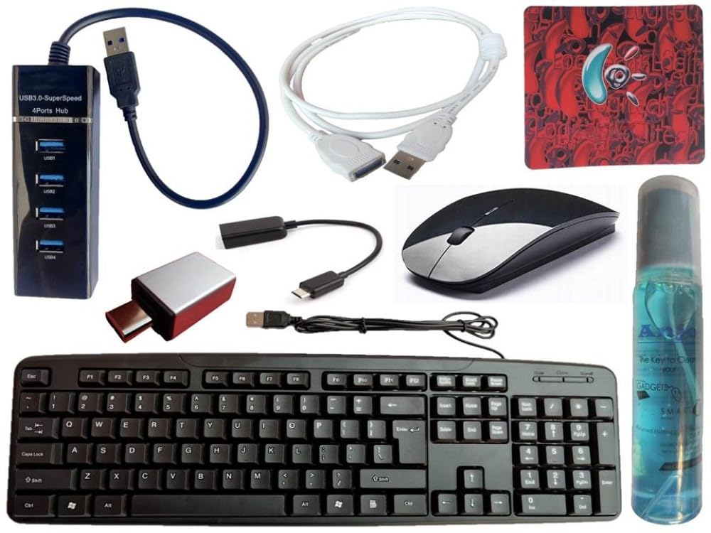 Anjo 8 in 1 Combo of Wired Keyboard, Wireless Mouse, Anti-Skid Mouse Pad, USB Hub 3.0, Multi-Purpose Cleaner & Cloth 100ml, OTG Micro & C to A Type, USB Extension Cable 1.5m