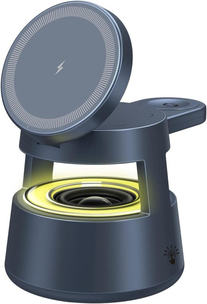 VAHIL Mag-Safe Charger Stand for Wireless Charging Supported Phone, Earpod and Watch, Magnetic 5 in 1 Multi-use Wireless Charging Station with Wireless Bluetooth Speaker and Night Lamp