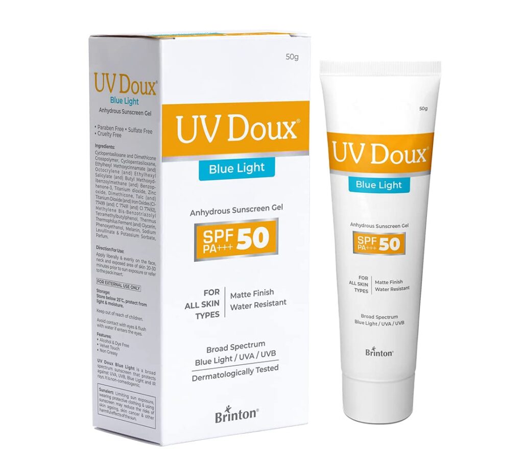 UV Doux Blue Light Tinted Sunscreen Gel SPF 50 PA+++ | UVA/UVB & Blue Light Protection | Matte Finish | Water & Sweat Resistant | Benzene-Free | For Oily, Acne & Sensitive Skin | 50 g