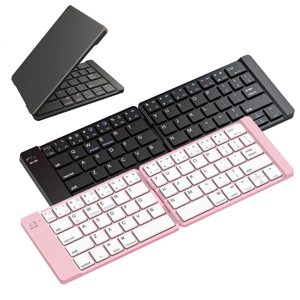 Foldable Bluetooth Keyboard - Portable Keyboard with Storage Bag, Rechargeable Full Size Ultra Slim Keyboard Compatible iOS Android Windows Smartphone Tablet and Laptop (Elegant Blue-Pink)