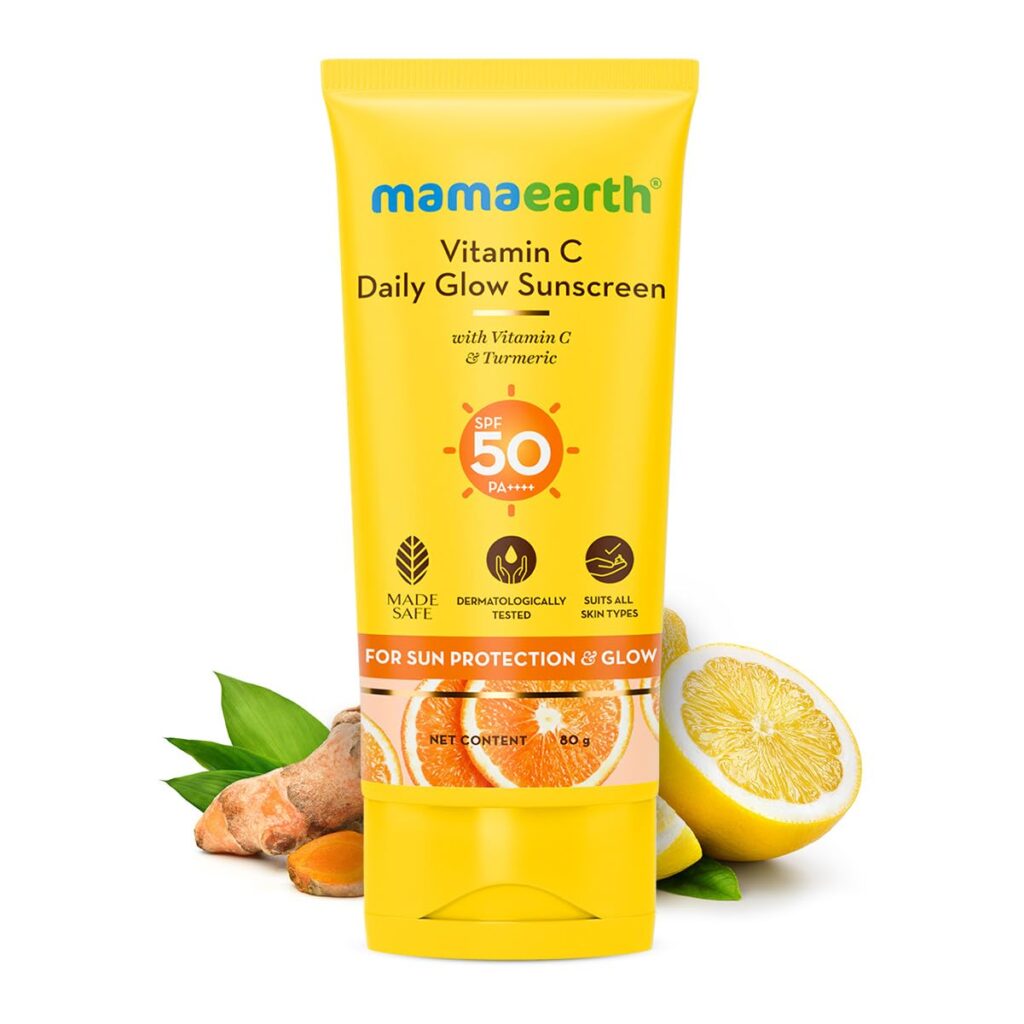 Mamaearth Daily Glow Sunscreen With Vitamin C & Turmeric|For Sun, Tan Protection & Glow |Spf 50 & Pa++++ Protection |No White Cast |Lightweight & Non-Sticky |Brightens Skin |For All Skin Types |80 G